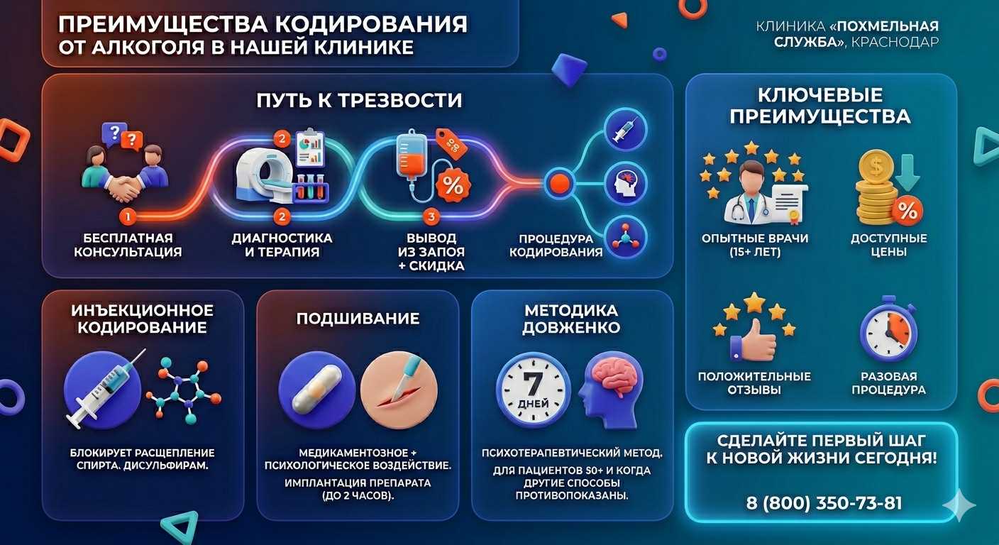Инфографика о методах кодирования от алкоголя в Орске: инъекции, подшивание, метод Довженко. Преимущества клиники и этапы лечения.